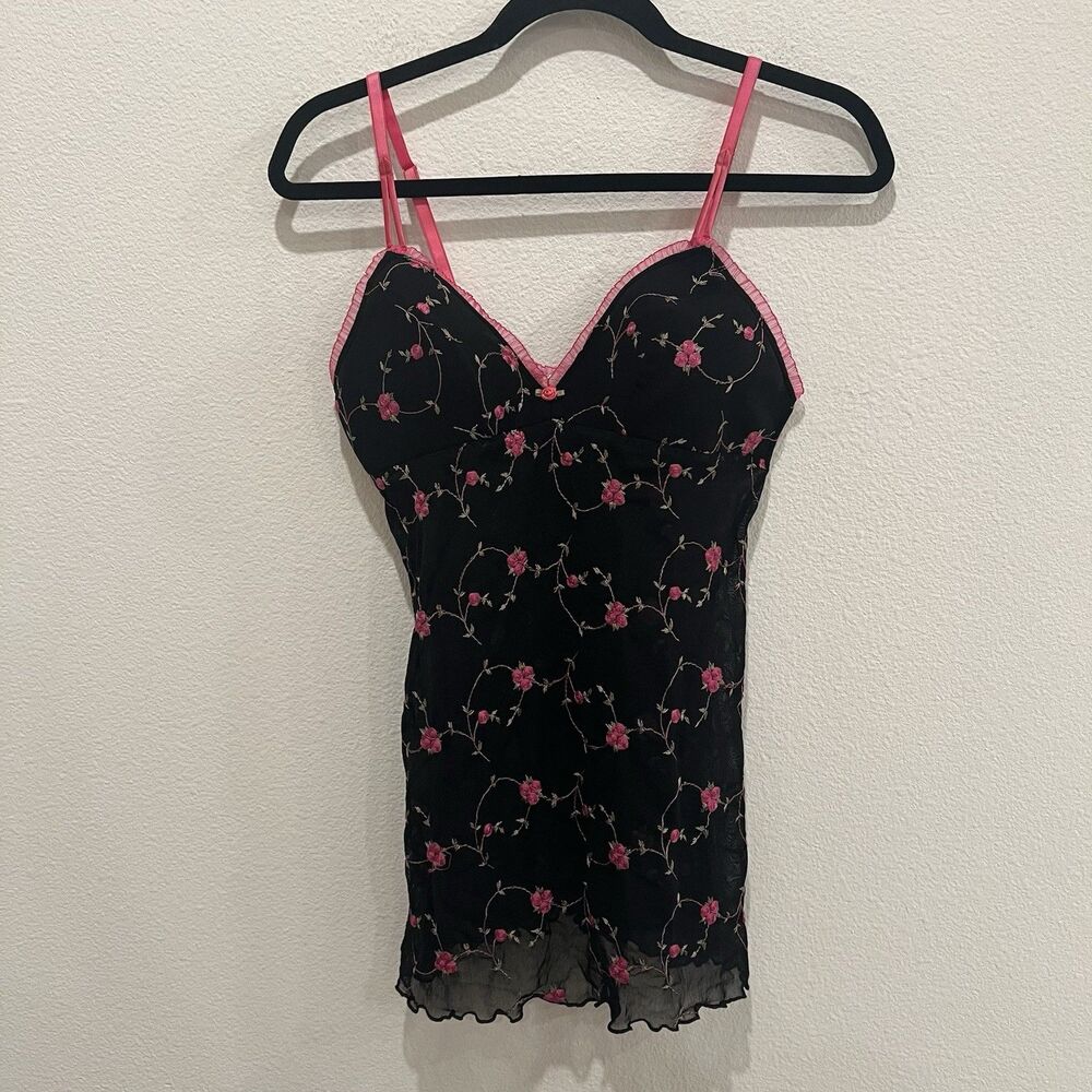 Adore Me Medium Black Floral Lace Babydoll Chemise Sheer Mesh Lingerie